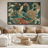 79740258-MGV-CV-36X24-Samurai Woman vs Octopus Wall Art – Japanese Ukiyo-e Blue Kimono Canvas Print, Ocean Battle Artwork for Living Room, Office, Man