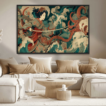 30212982-MGV-CV-36X24-Samurai Woman vs Octopus Wall Art – Japanese Ukiyo-e Style Warrior and Sea Monster Canvas Print, Mythology Inspired Artwork for