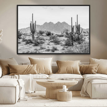 97436PHN-MGV-CV-36X24-Desert Landscape Wall Art – Black and White Cactus and Mountain Canvas Print, Southwestern Nature Photography for Living Room,