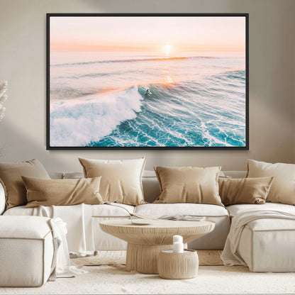 34064591-MGV-CV-36X24-Surfing Wall Art – Sunset Ocean Wave Canvas Print, Surfer Riding Sea Photography Decor for Bedroom, Living Room, Office, Coastal