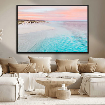41613614-MGV-CV-36X24-Beach Sunset Wall Art – Pastel Ocean Canvas Print, Turquoise Water and Pink Sky Photography Decor for Bedroom, Living Room, Office
