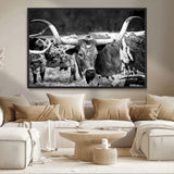 15425553-MGV-CV-36X24-Western Wall Art – Longhorn Cattle Black and White Canvas Print, Rustic Ranch Photography Decor for Bedroom, Living Room, Office,
