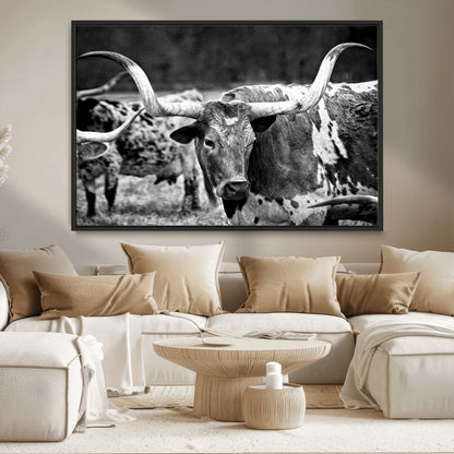 15425553-MGV-CV-36X24-Western Wall Art – Longhorn Cattle Black and White Canvas Print, Rustic Ranch Photography Decor for Bedroom, Living Room, Office,