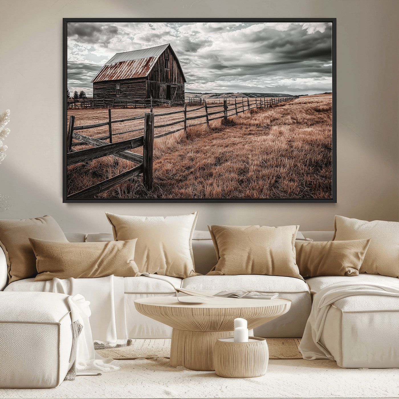 70676381-MGV-CV-36X24-Rustic Barn Wall Art – Weathered Farmhouse Canvas Print, Country Landscape Photography Decor for Bedroom, Living Room, Office,