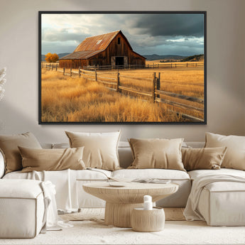 16480179-MGV-CV-36X24-Farmhouse Wall Art – Rustic Barn and Golden Field Canvas Print, Country Landscape Photography Decor for Bedroom, Living Room,