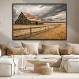 21991117-MGV-CV-36X24-Rustic Barn Wall Art – Weathered Farmhouse Canvas Print, Stormy Sky and Golden Field Photography Decor for Bedroom, Living Room,