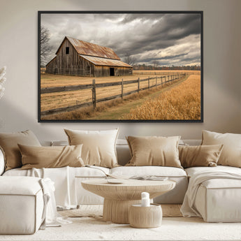 21991117-MGV-CV-36X24-Rustic Barn Wall Art – Weathered Farmhouse Canvas Print, Stormy Sky and Golden Field Photography Decor for Bedroom, Living Room,