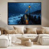 48300530-MGV-CV-36X24-Dark Stormy Pier Canvas Wall Art – Moody Ocean Night Scene with Street Lamps, Blue Coastal Seascape Print for Bedroom, Office, or