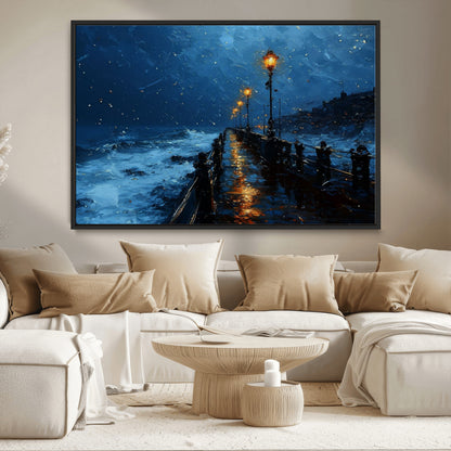 48300530-MGV-CV-36X24-Night Pier Wall Art – Moody Ocean Boardwalk Canvas Print, Impressionist Coastal Seascape Painting Decor for Living Room, Office,