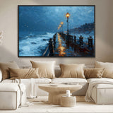 93793246-MGV-CV-36X24-Stormy Night Pier Canvas Wall Art – Moody Ocean Landscape with Lights, Blue Coastal Seascape Print for Bedroom, Living Room,