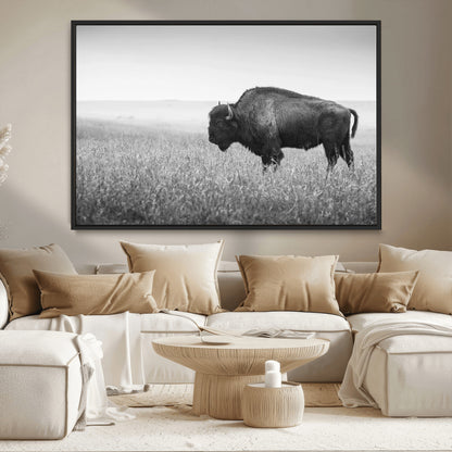 90861202-MGV-CV-36X24-Black and White Bison Canvas Wall Art – Rustic American Buffalo Print, Western Wildlife Photography for Farmhouse, Cabin, Office