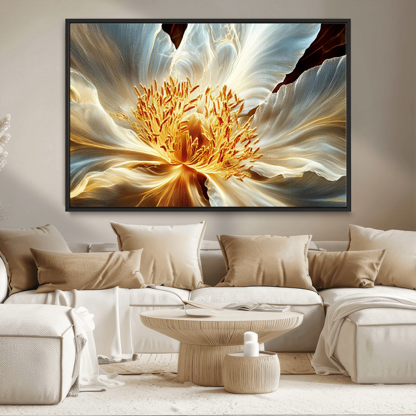 20862576-MGV-CV-36X24-Golden Abstract Flower Canvas Wall Art – Modern Botanical Bloom Print, Elegant Floral Artwork for Living Room, Bedroom, Office