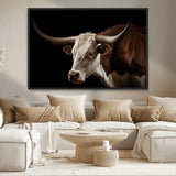 27414857-MGV-CV-36X24-Texas Longhorn Bull Canvas Wall Art – Rustic Western Farmhouse Decor, Brown & White Cow Portrait, Animal Print for Ranch Home