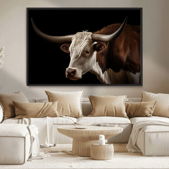 27414857-MGV-CV-36X24-Texas Longhorn Bull Canvas Wall Art – Rustic Western Farmhouse Decor, Brown & White Cow Portrait, Animal Print for Ranch Home