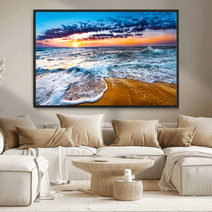 24077769-MGV-CV-36X24-Sunset Beach Wall Art – Ocean Waves Canvas Print, Golden Shoreline Photography Coastal Decor for Living Room, Bedroom, Office,