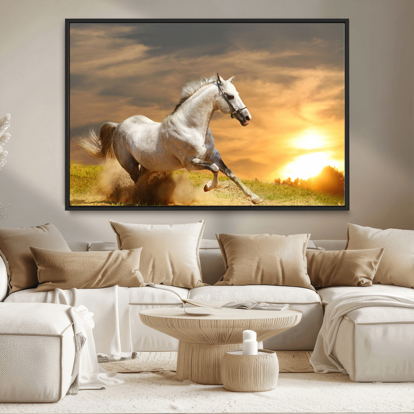 67478480-MGV-CV-36X24-White Horse Running at Sunset Wall Art – Majestic Equestrian Photography Print, Rustic Farmhouse Decor, Golden Sky Horse Lover
