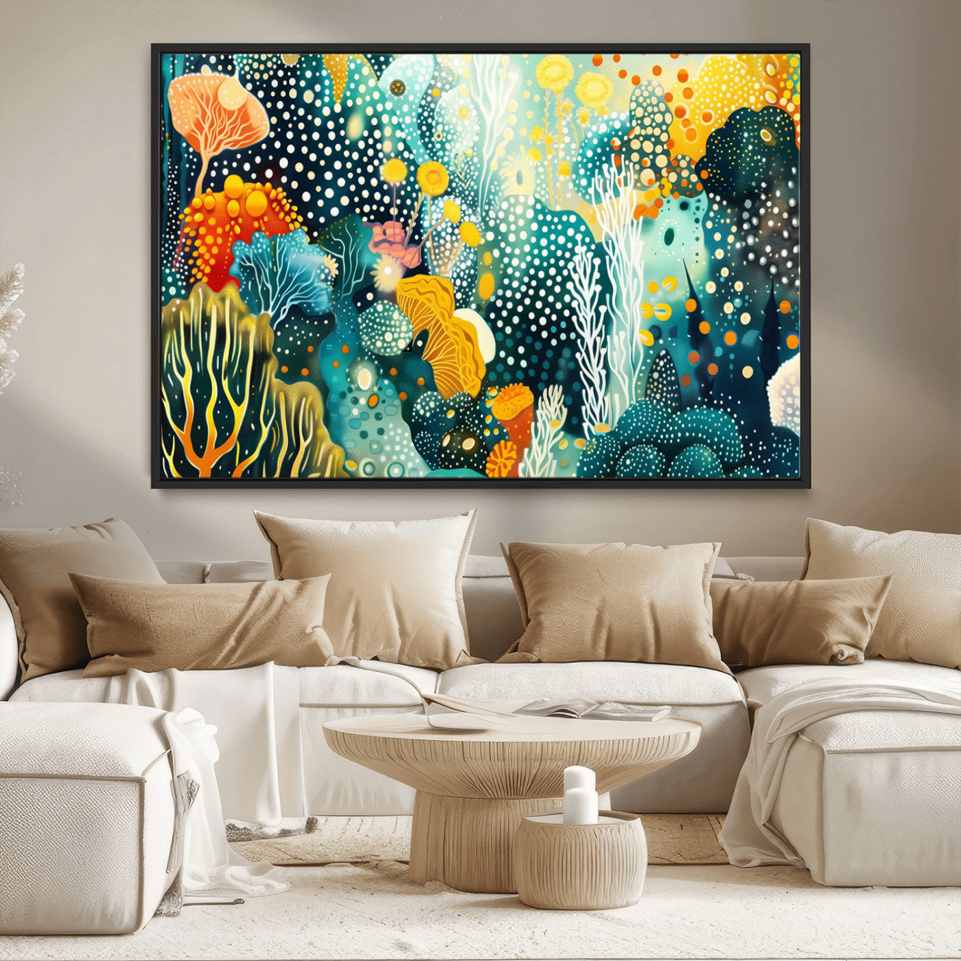 61631606-MGV-CV-36X24-Abstract Coral Reef Wall Art – Colorful Ocean Inspired Print with Vibrant Blue, Yellow, and Orange, Modern Coastal Decor for Home