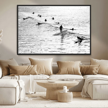 68018616-MGV-CV-36X24-Black and White Surf Photography Print – Minimalist Ocean Wall Art, Surfers Riding Waves, Coastal Beach Decor for Modern Home or