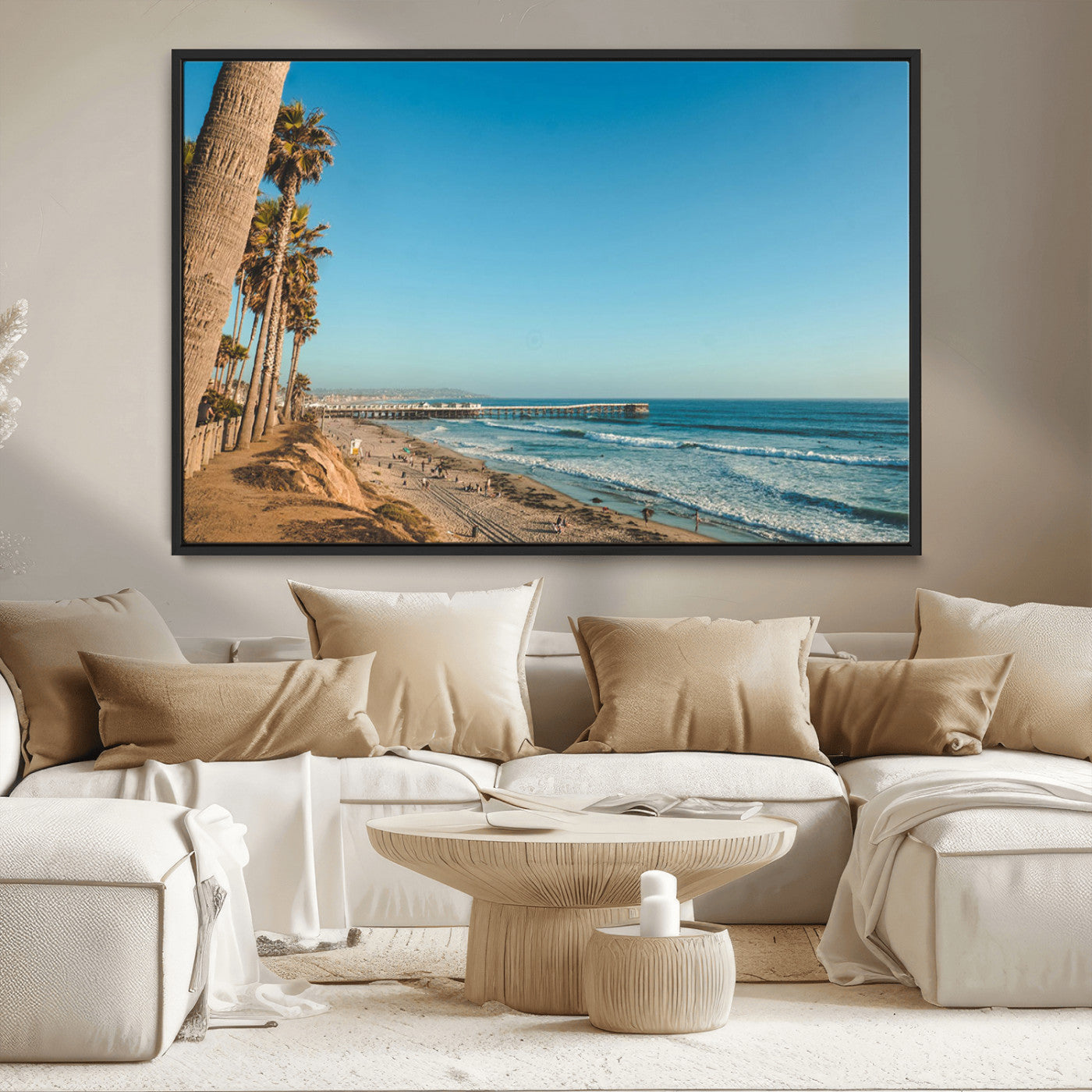 92568259-MGV-CV-36X24-California Beach Wall Art – Palm Tree Pier Canvas Print, Coastal Ocean Photography Seaside Decor for Living Room, Bedroom, Office,