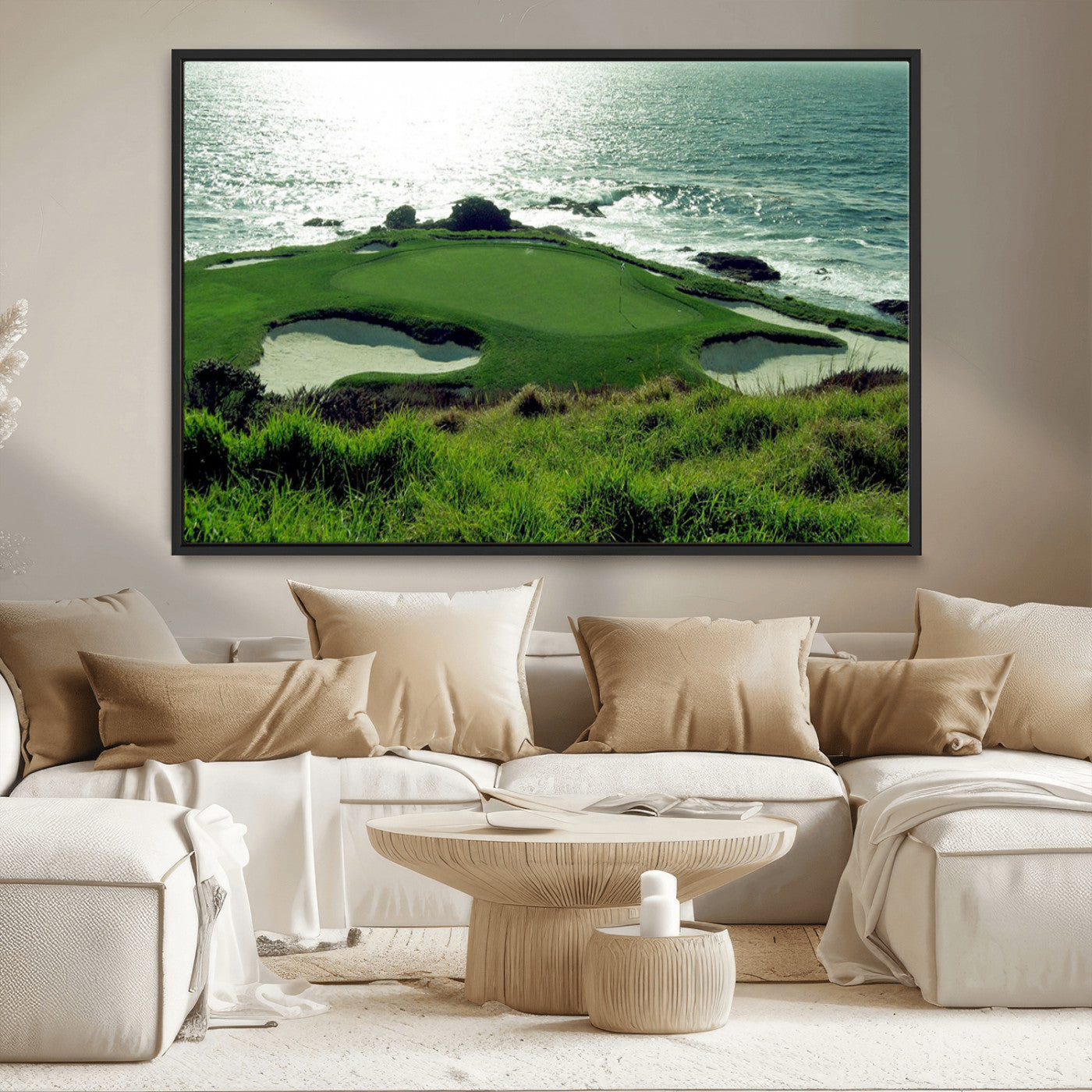 48473947-MGV-CV-36X24-Ocean Golf Course Wall Art – Panoramic Green Fairway Canvas Print, Coastal Golf Landscape Photography Sports Decor for Office, Man
