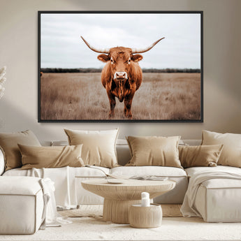16316734-MGV-CV-36X24-Texas Longhorn Wall Art – Rustic Bull Portrait Canvas Print, Western Farmhouse Animal Photography Decor for Living Room, Office,