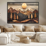 90044381-MGV-CV-36X24-Rustic Wall Art – Wooden Mountain Landscape with Sun and Pine Trees, Handcrafted Nature Canvas Style Decor for Bedroom, Living
