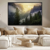 38316884-MGV-CV-36X24-Landscape Wall Art – Misty Mountain Valley Canvas Print, Scenic Pine Forest and Sunrise Photography Decor for Bedroom, Living