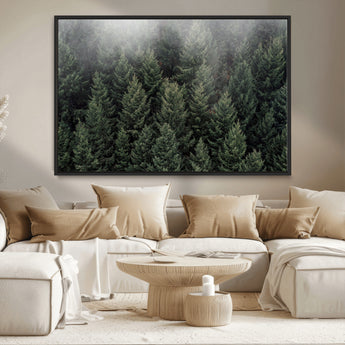 84059409-MGV-CV-36X24-Forest Wall Art – Misty Evergreen Trees Canvas Print, Tranquil Nature Photography Decor for Bedroom, Living Room, Office, Cabin or
