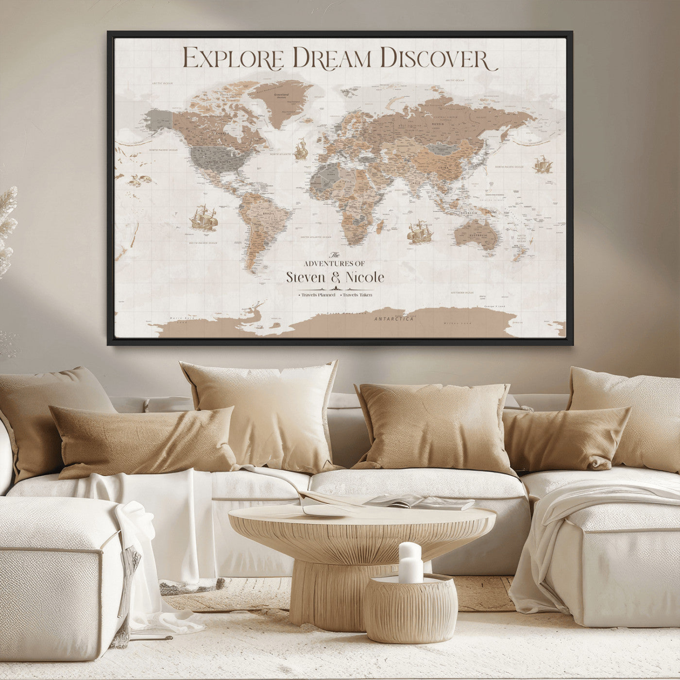 56148717-MGV-CV-36X24-Personalized World Map Wall Art – Neutral Beige & Brown Vintage Adventure Travel Map with Custom Couple Names, Classic Wall Decor