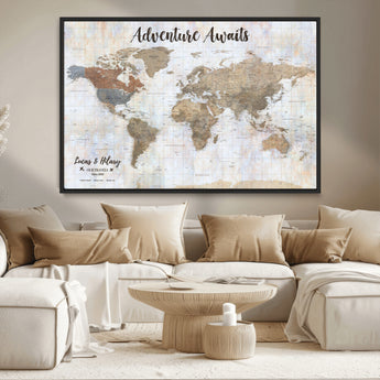 30792405-MGV-CV-36X24-Personalized World Map Wall Art – Rustic Beige Adventure Travel Map with Custom Couple Names, Vintage Wall Decor for Home or