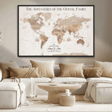 43869621-MGV-CV-36X24-Personalized World Map Wall Art – Light Beige Sepia Adventure Travel Map with Custom Family or Couple Names, Rustic Wall Decor for