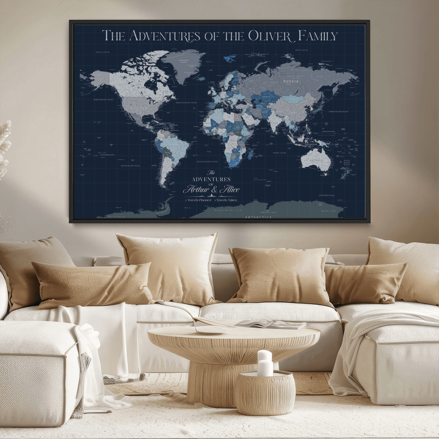 76726424-MGV-CV-36X24-Personalized World Map Wall Art – Navy Blue & Grey Adventure Travel Map with Custom Family or Couple Names, Modern Wall Decor for