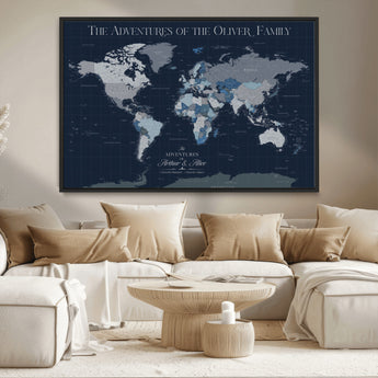 76726424-MGV-CV-36X24-Personalized World Map Wall Art – Navy Blue & Grey Adventure Travel Map with Custom Family or Couple Names, Modern Wall Decor for