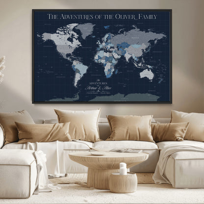 76726424-MGV-CV-36X24-Personalized World Map Wall Art – Navy Blue & Grey Adventure Travel Map with Custom Family or Couple Names, Modern Wall Decor for