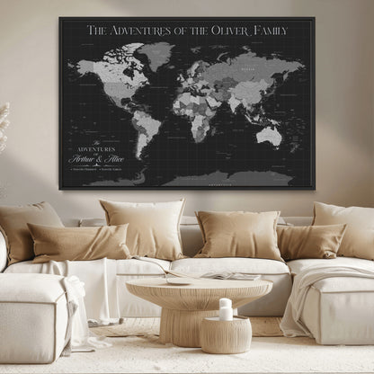 46064114-MGV-CV-36X24-Personalized World Map Wall Art – Black & Grey Adventure Travel Map with Custom Family or Couple Names, Modern Wall Decor for Home