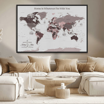 33204797-MGV-CV-36X24-Personalized World Map Wall Art – Burgundy & Grey Adventure Travel Map with Custom Names, Romantic Wall Decor for Couples, Home or