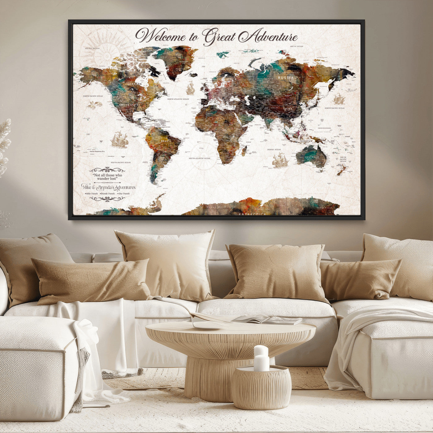 67029173-MGV-CV-36X24-Personalized World Map Wall Art – Colorful Vintage Adventure Travel Map with Custom Couple Names, Rustic Wall Decor for Home,