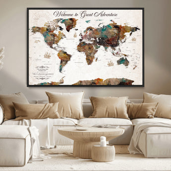 67029173-MGV-CV-36X24-Personalized World Map Wall Art – Colorful Vintage Adventure Travel Map with Custom Couple Names, Rustic Wall Decor for Home,
