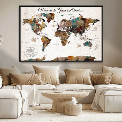 67029173-MGV-CV-36X24-Personalized World Map Wall Art – Colorful Vintage Adventure Travel Map with Custom Couple Names, Rustic Wall Decor for Home,