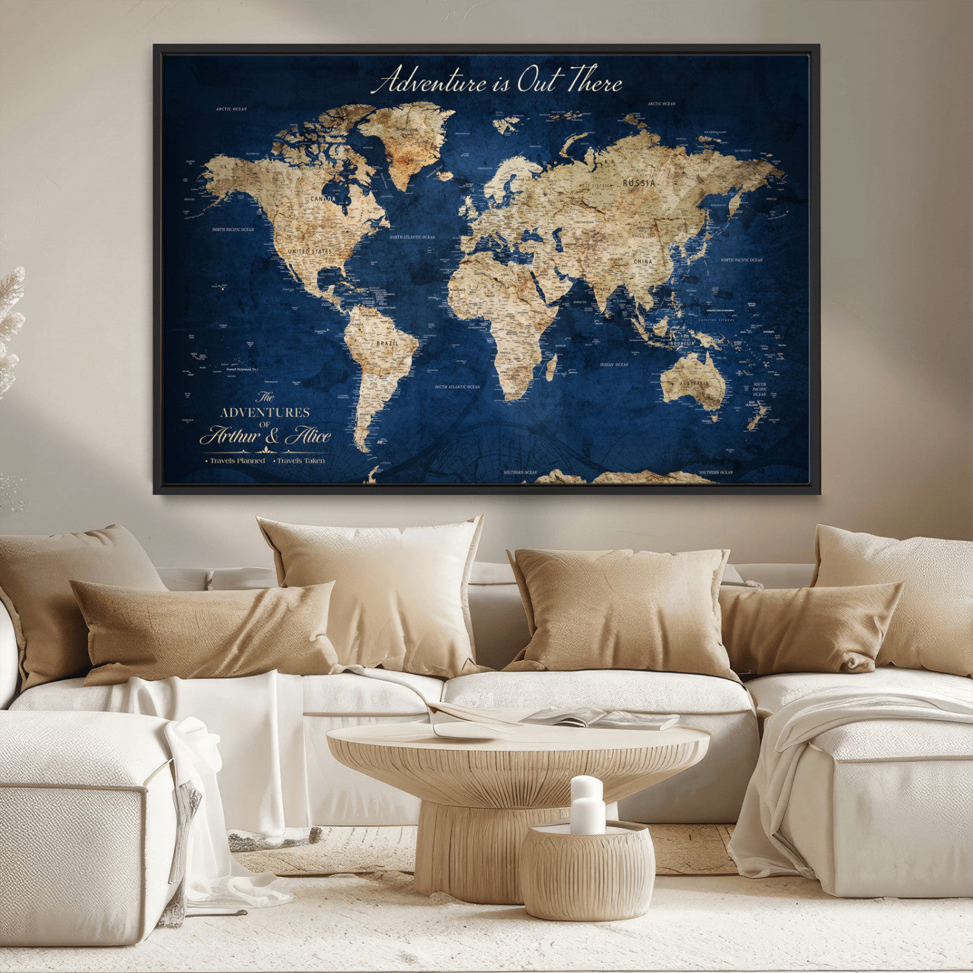 71052542-MGV-CV-36X24-Personalized World Map Wall Art – Rustic Navy Blue Adventure Travel Map with Custom Couple Names, Vintage Wall Decor for Home or