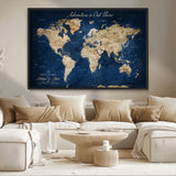 71052542-MGV-CV-36X24-Personalized World Map Wall Art – Rustic Navy Blue Adventure Travel Map with Custom Couple Names, Vintage Wall Decor for Home or