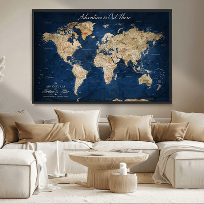 71052542-MGV-CV-36X24-Personalized World Map Wall Art – Rustic Navy Blue Adventure Travel Map with Custom Couple Names, Vintage Wall Decor for Home or