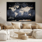 85403043-MGV-CV-36X24-Personalized World Map Wall Art – Dark Blue Rustic Adventure Map with Custom Couple Names, Vintage Wall Decor for Home or Travel