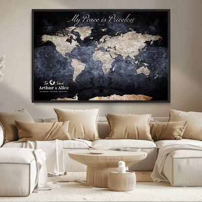 85403043-MGV-CV-36X24-Personalized World Map Wall Art – Dark Blue Rustic Adventure Map with Custom Couple Names, Vintage Wall Decor for Home or Travel