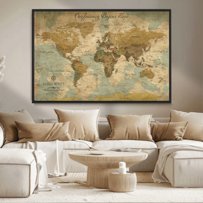54795344-MGV-CV-36X24-Personalized World Map Wall Art – Vintage Adventure Travel Map with Custom Names, Rustic Wall Décor for Couples, Families