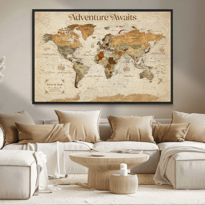18685073-MGV-CV-36X24-Personalized World Map Wall Art – Antique Vintage Parchment Adventure Awaits Travel Map with Custom Couple Names, Rustic Wall