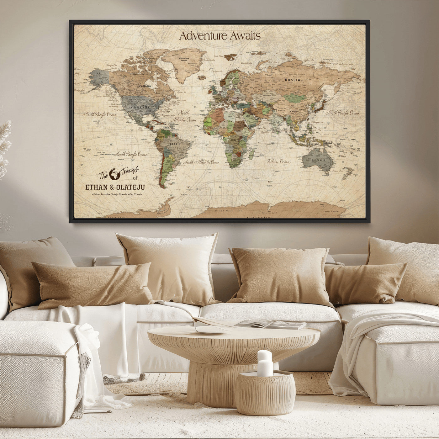 62766900-MGV-CV-36X24-Personalized World Map Wall Art – Antique Parchment Adventure Travel Map with Custom Couple Names, Rustic Wall Decor for Home,