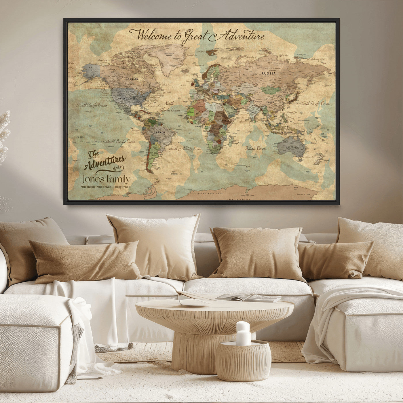 32019746-MGV-CV-36X24-Personalized World Map Wall Art – Vintage Camo Adventure Travel Map with Custom Family Names, Rustic Wall Decor for Couples, Home