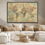 32019746-MGV-CV-36X24-Personalized World Map Wall Art – Vintage Camo Adventure Travel Map with Custom Family Names, Rustic Wall Decor for Couples, Home