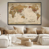 31874045-MGV-CV-36X24-Personalized World Map Wall Art – Vintage Earth Tone Adventure Map with Custom Family Names, Rustic Travel Decor for Home, Couples
